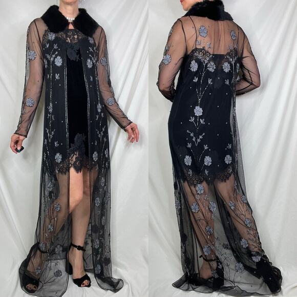 Sue Wong fur collar beaded embroidered sheer jacket duster coat cocktail floral - Picture 12 of 15